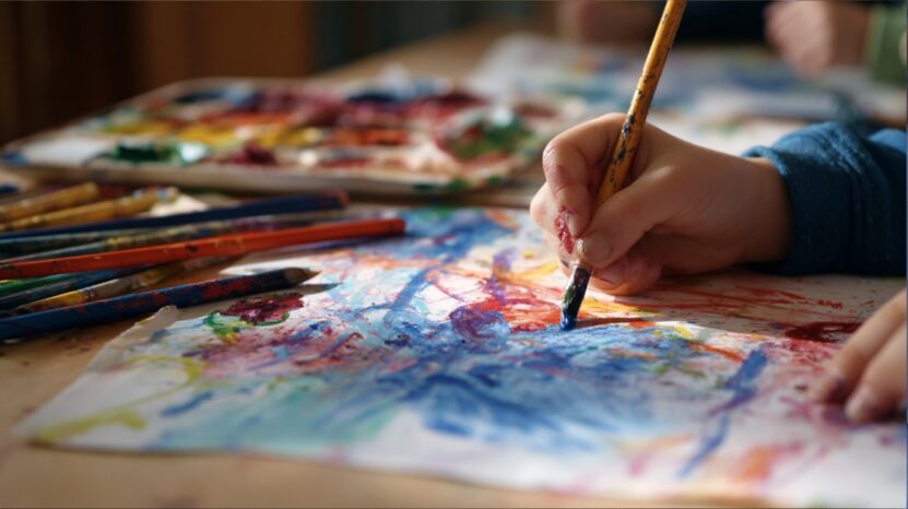 Close-up of a child’s hand painting with vibrant colors on paper, surrounded by paintbrushes