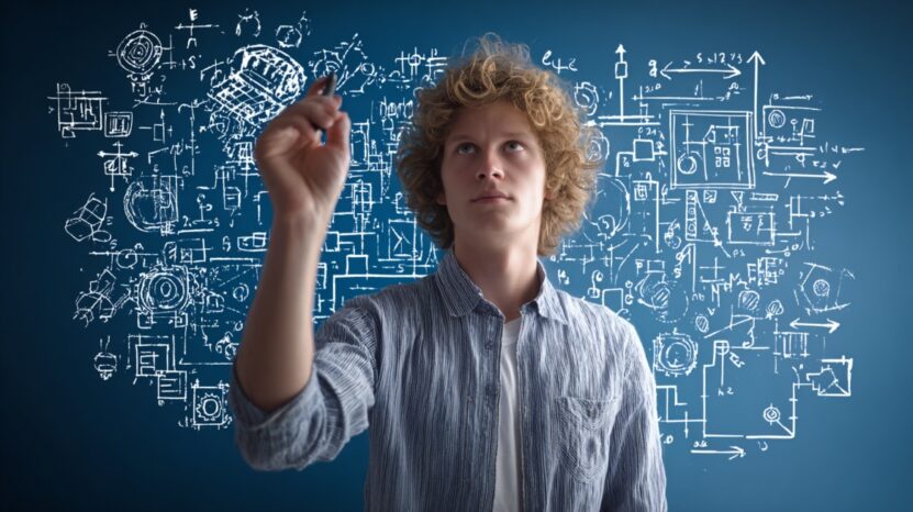 Teen drawing complex diagrams on a transparent board, symbolizing incremental problem-solving