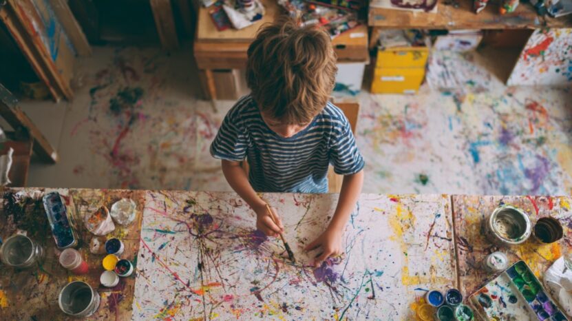 Child painting on a splattered art table, surrounded by colorful paints and brushes
