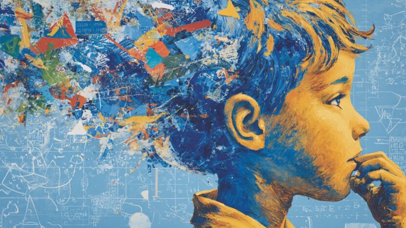Abstract art of a child with colorful ideas flowing from their head, symbolizing creativity and planning