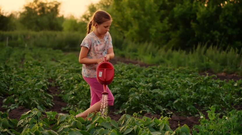 A young girl waters plants in a garden outdoors