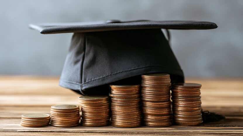 Graduation cap placed on stacks of coins representing education costs and career investment.